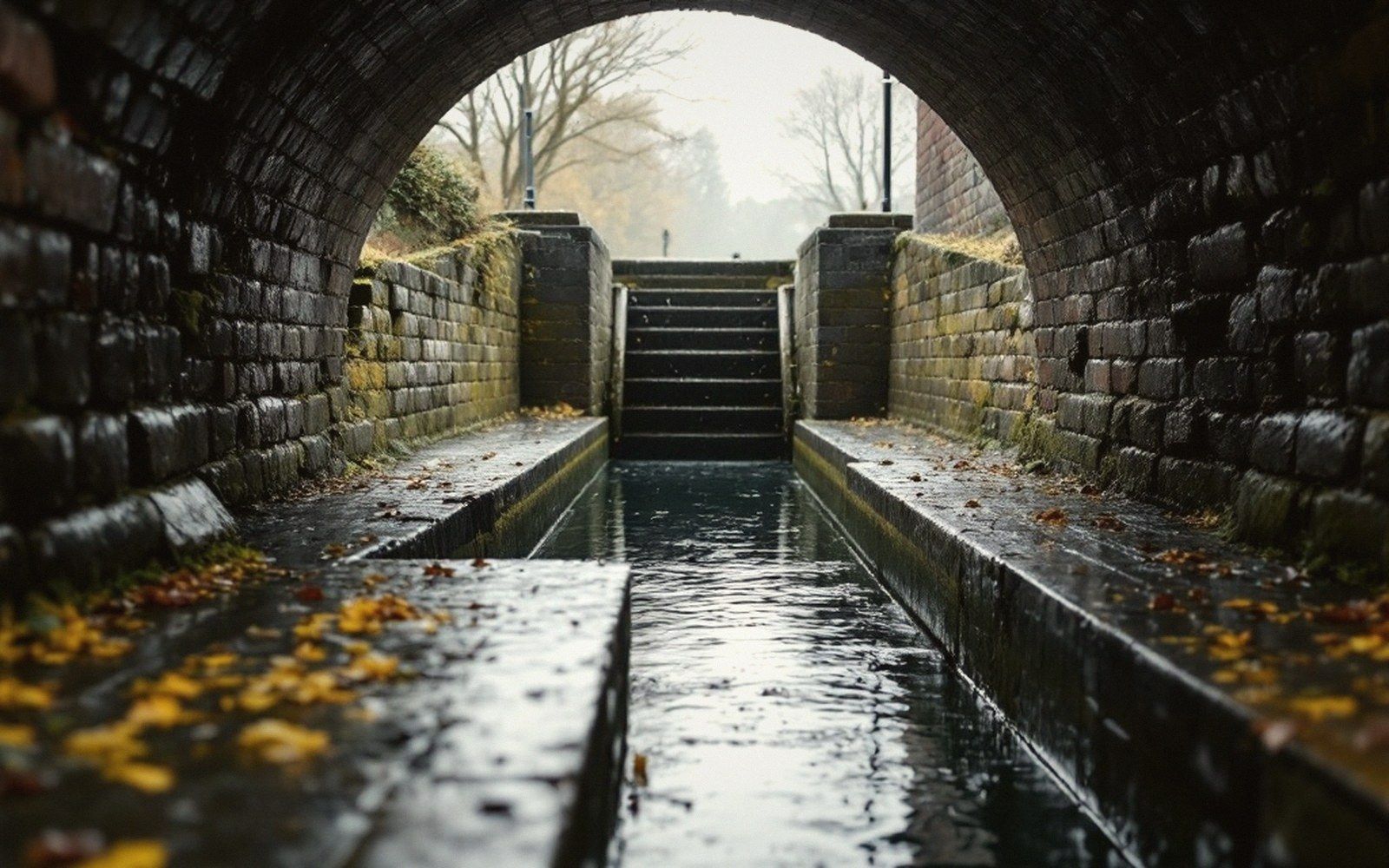 A canal lock chamber with the gates closed, flat grey light, water level low